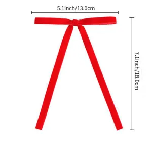 Detailed view of the red ribbon bow with size dimensions for Christmas tree hanging decor.