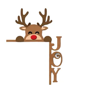 Wooden Christmas reindeer door frame decoration corner sign with JOY lettering for holiday.