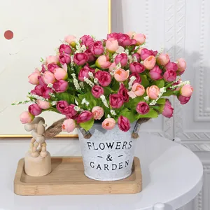 Artificial Rose Flower Potted Plant Vintage Iron Bucket Home Decor Table Ornament Main View