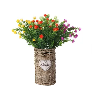 Artificial eucalyptus rose flower bouquet with woven vase for home wedding decoration item
