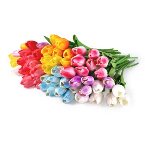 Colorful artificial PU tulip bouquet, realistic faux flowers for home wedding decor.