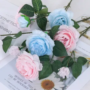 Artificial peony rose flowers for home decor, 3-head European style fake floral bouquet.