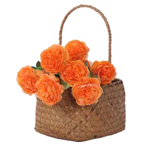European style artificial peony rose flower arrangement in woven basket for home decor