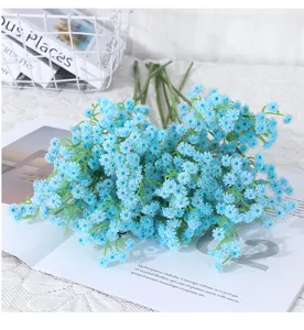 Artificial blue baby's breath flower bouquet 3-fork plastic floral decor for wedding and home.