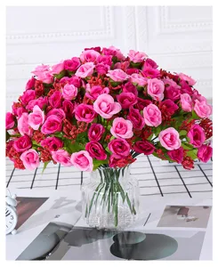 Bouquet de petites roses artificielles 21 têtes fleurs fausses pour déco fête mariage rose