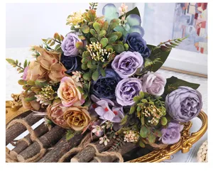 Künstlicher Pfingstrosen Rosen Hortensien Blumenstrauß Vintage Seidenblumen für Hochzeitsdeko.