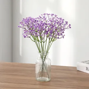 Artificial purple gypsophila bouquet in glass vase, perfect for home decor and wedding arrangement.