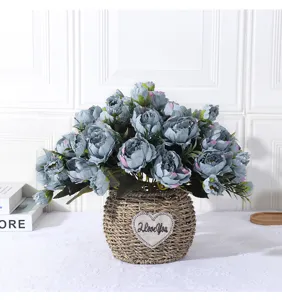 Künstlicher Pfingstrosen Seidenblumen Strauß im geflochtenen Korb für Hochzeit Heimdekoration
