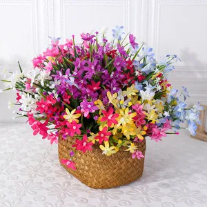 Artificial flower potted plant with 7-prong spring grass orchids in a woven basket home decor.