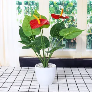 Artificial anthurium plant in white pot fake flowers for home and hotel indoor green decor