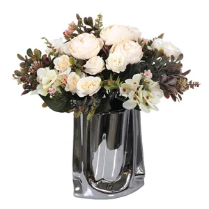Künstlicher Pfingstrose Rosen Blumenstrauß mit Metallvase Hochzeit Heimdekoration