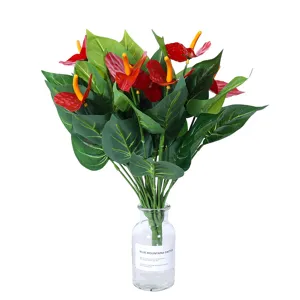 Artificial red anthurium flower bouquet in glass vase, 12 heads fake plant for home decor.