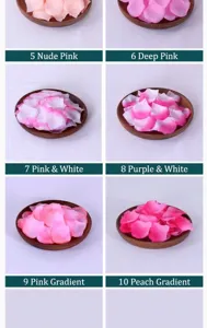 Detail view showing various color options of artificial rose petals for party decor.