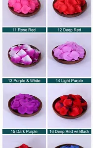 Detailed view of assorted artificial rose flower petals color options in wooden bowls.