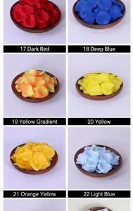 Artificial rose petals detail view showing various color options like red, blue and yellow.