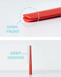 Red sauce packet squeezer kitchen gadget detail view showing open front and deep groove.