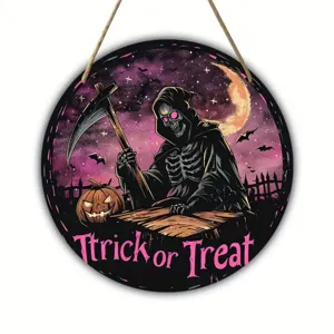 Halloween round wooden hanging sign grim reaper pumpkin holiday party indoor outdoor decor