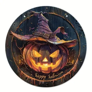 Halloween wooden hanging sign, decorative door plaque with spooky pumpkin and witch hat design.