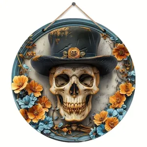 Halloween wooden hanging sign with skull and floral decor, perfect for party and holiday.