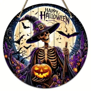 Halloween wooden hanging sign with skeleton witch design, perfect for party and holiday decor.