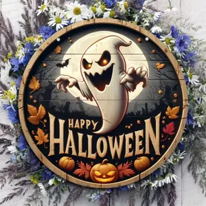Halloween wooden hanging sign detail, ghost moon pumpkin pattern, festival party decor