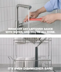 Detailed view of the sauce packet squeezer showing easy water rinse and dishwasher safe feature.