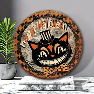 Halloween wooden hanging plaque vintage black cat round sign festival party home decor
