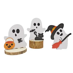 Süße weiße Geist Holz Halloween Dekoration Tisch Ornament Set festliche Geschenk Ansicht