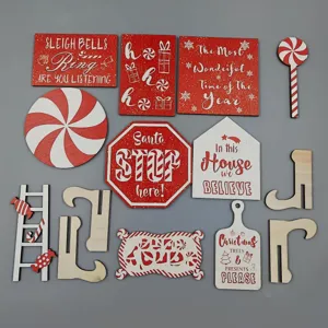 Christmas candy tiered tray wood sign set, red white holiday tabletop decor ornaments.