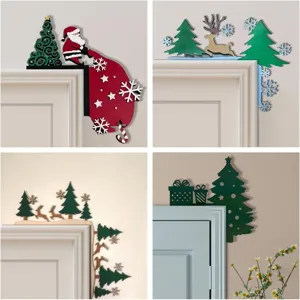 Wooden Christmas door corner decoration detail view, festive door frame accent ornaments.