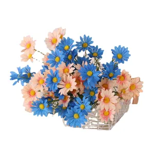 Künstlicher Gänseblümchen Blumenstrauß Falsche Chrysantheme mit weißem Korb für Deko