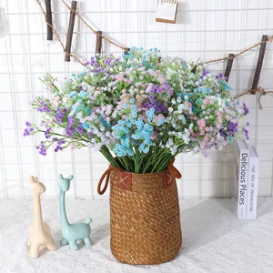 Colorful artificial gypsophila flowers bouquet in woven basket for home wedding decor main image