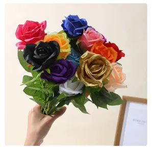 Detailed close-up of colorful artificial silk roses bouquet, vibrant multi-color floral decor.