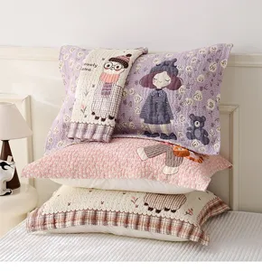 Cartoon cotton gauze pillowcase detail view, soft and comfortable home bedroom bedding.