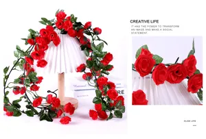 Artificial red rose vine garland for home wedding party wall and balcony decoration.