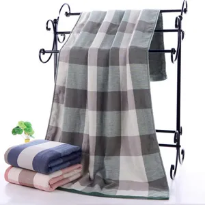 Serviette de Bain en Gaze de Coton Épaissie Serviette de Bain Absorbante à Carreaux Rayures pour Adultes Douche Quotidienne Plage