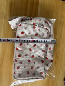 Corduroy pencil case cute strawberry print portable stationery storage bag for students