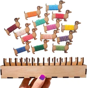 Wooden dachshund thread bobbins storage set, cute animal sewing craft accessories.