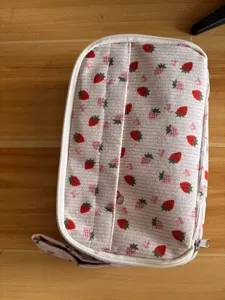 Cute corduroy strawberry pencil case double layer portable stationery storage pouch