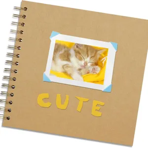 DIY kraft paper scrapbook photo album with spiral binding and cute cat photo cover