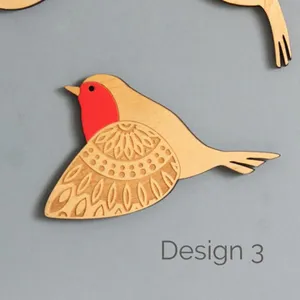 Wooden flying bird wall hanging decor detail, laser cut wood craft ornament with red detail