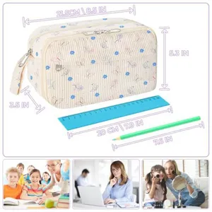 Double layer corduroy pencil case large capacity cute cosmetic storage bag for students