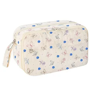 Portable double-layer corduroy pencil case and cute cosmetic storage bag for school use.