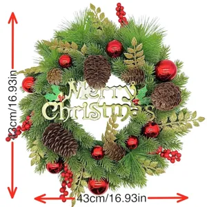Künstlicher Weihnachtskranz mit Tannenzapfen roten Beeren und Merry Christmas Schild 43cm
