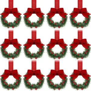 Mini Christmas Wreath Red Berry Plaid Ribbon Hanging Ornaments Xmas Tree Cabinet Decor Holiday Party Supplies