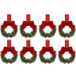 Mini Christmas wreath set of 8 with red bows berries and ribbon hanging for holiday decor