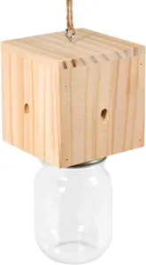 Wooden carpenter bee trap hanging insect catcher with clear glass jar for outdoor garden use