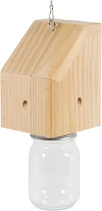 Wooden carpenter bee trap with glass jar and hanging chain for effective outdoor insect control.