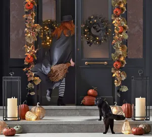 Ghirlanda luminosa Halloween pipistrello nero e zucche decorative per porta d'ingresso