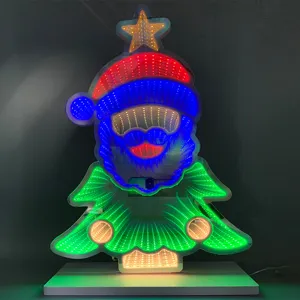 Dettaglio specchio infinito albero di Natale LED, lampada tunnel 3D acrilica per feste.